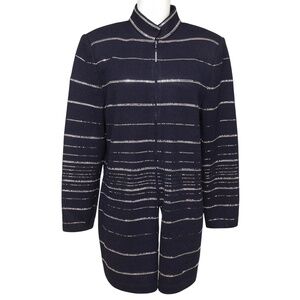 ST. JOHN EVENING Navy Jacket Cardigan Blazer Sequins Silver Knit Long Sleeve 10